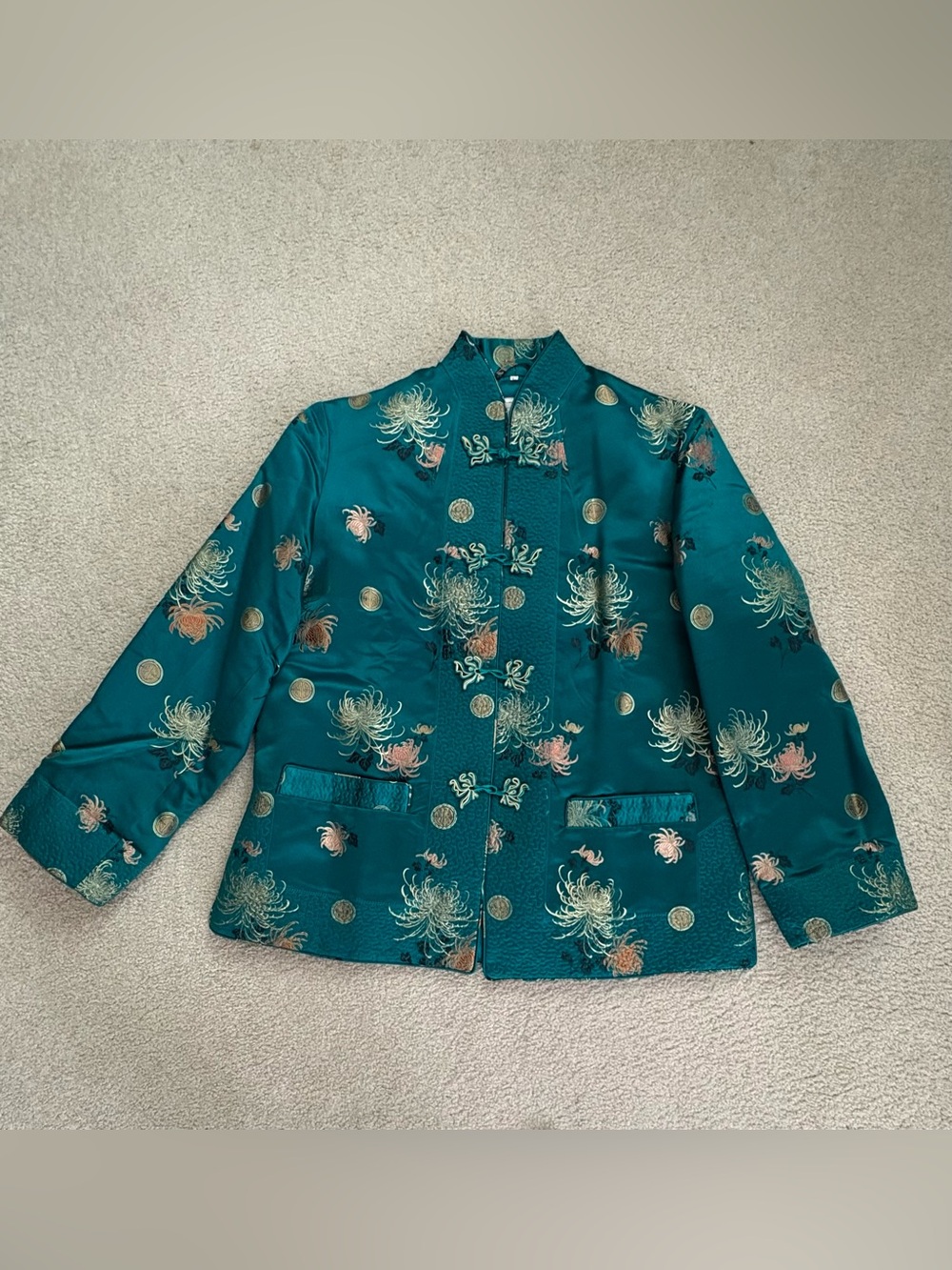 Teal Floral Embroidered Mandarin Jacket